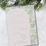 Merry Christmas Happy New Year Winter Greenery<br><div class="desc">Luxury foil holiday card with typographic design framed with a modern arch in silver foil. The background pattern features simple winter greenery and berries in shades of green and red. wishing you a merry christmas and a happy new year is lettered in handwritten script calligraphy and modern lettering. The template...</div>
