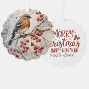 Merry Christmas Happy New Year Winter Robin  Tree Decoration Card
