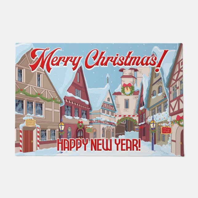 Merry Christmas Happy New Year Winter Town Scene Doormat (Front)