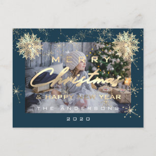 Merry Christmas Happy NewYear Snowflake Teal Photo Postcard