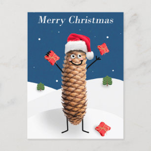 Merry Christmas Happy Pine Cone in Santa Hat Holiday Postcard