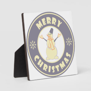 Merry Christmas happy snowman famous coffe style Plaque