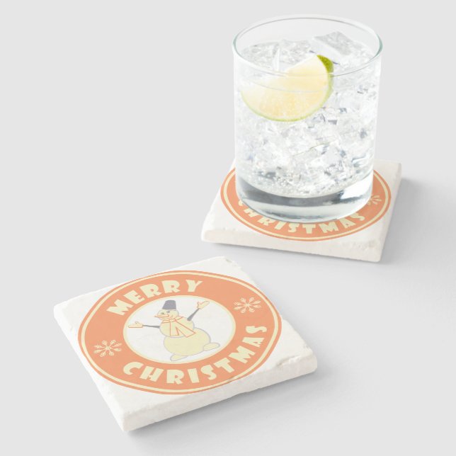 Merry Christmas happy snowman famous coffe style Stone Coaster (Side)