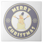 Merry Christmas happy snowman famous coffe style Tile<br><div class="desc">Famous coffe style logo with Merry Christmas typography</div>