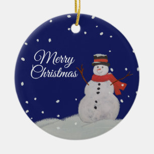 Merry Christmas Happy Snowman in the snow. Ceramic Tree Decoration