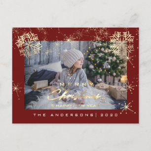 Merry Christmas Happy Year Gold Snow Maroon Photo Postcard