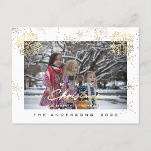 Merry Christmas Happy Year Gold Snowflakes White Postcard