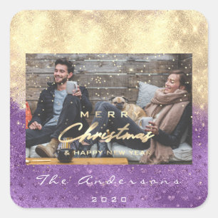 Merry Christmas Happy Year Stars Purple Gold Photo Square Sticker