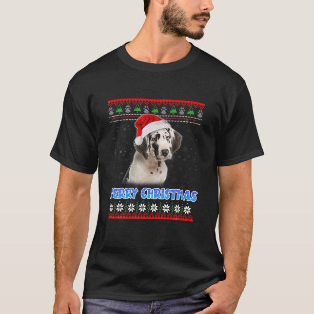 Merry Christmas Harlequin Great Dane Santa Ugly Xm T-Shirt (Front)