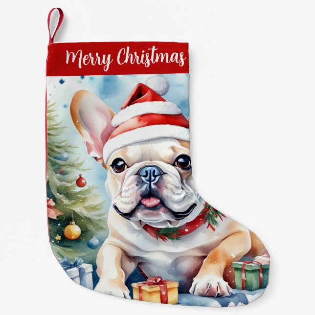 Merry Christmas Hat Festive French Bulldog -  Small Christmas Stocking (Front)