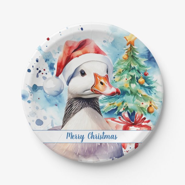 Merry Christmas Hat Festive Goose -   Paper Plate (Front)