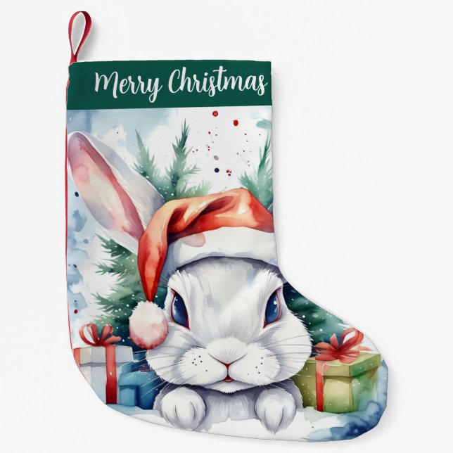 Merry Christmas Hat Festive Rabbit -  Small Christmas Stocking (Front)