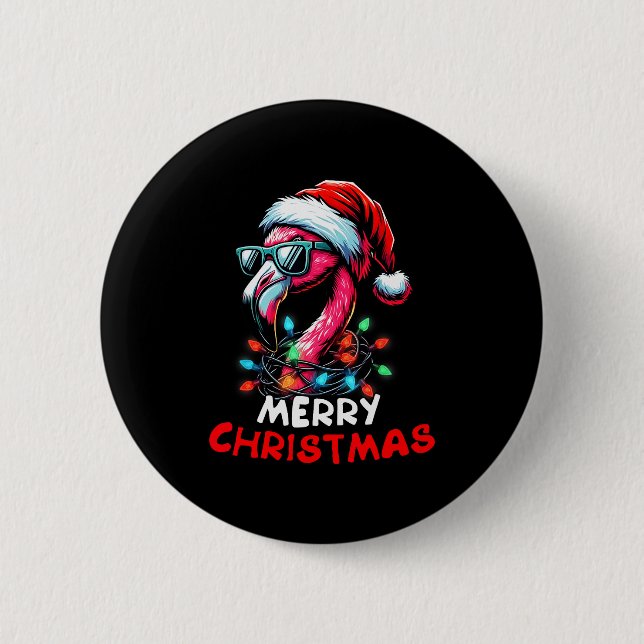 Merry Christmas Hat Santa Flamingo Christmas Light 6 Cm Round Badge (Front)