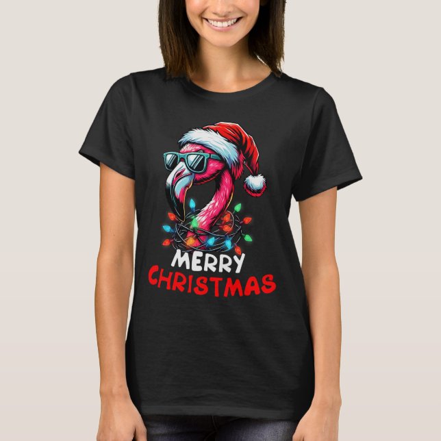 Merry Christmas Hat Santa Flamingo Christmas Light T-Shirt (Front)