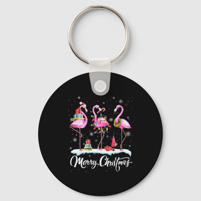 Merry Christmas Hat Santa Flamingo Light Christmas Key Ring (Front)