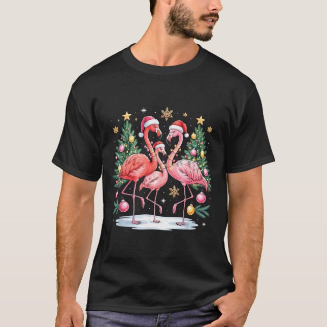 Merry Christmas Hat Santa Flamingo Light Christmas T-Shirt (Front)