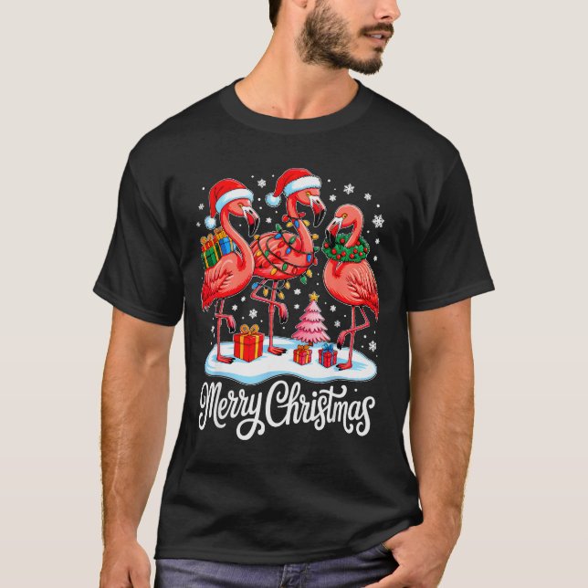 Merry Christmas Hat Santa Flamingo Light Xmas Wome T-Shirt (Front)