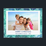 MERRY CHRISTMAS HAWAIIAN TROPICAL BEACH PHOTO HOLIDAY POSTCARD<br><div class="desc">Blue and Green Turquoise incandescent Faux Foil Merry Christmas Hawaiian Tropical Palm Leaf Family Photo Christmas Holiday Card. The picture and family name can be replaced on this simple beach or coastal vacation Christmas Family Photo Card.</div>