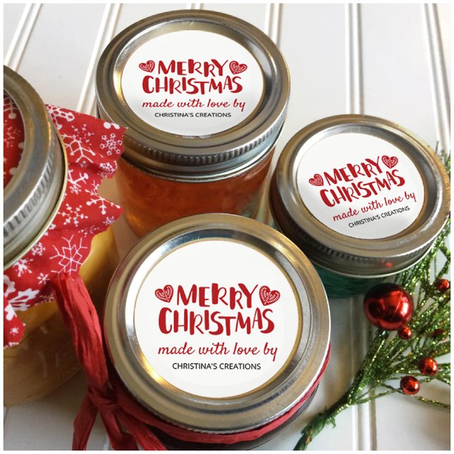 Merry Christmas Hearts Made with Love Classic Round Sticker (Creator Uploaded)