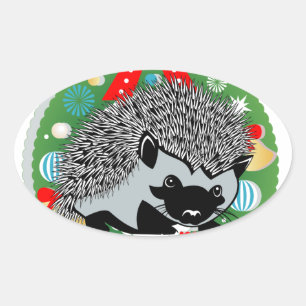 merry christmas hedgehog oval sticker