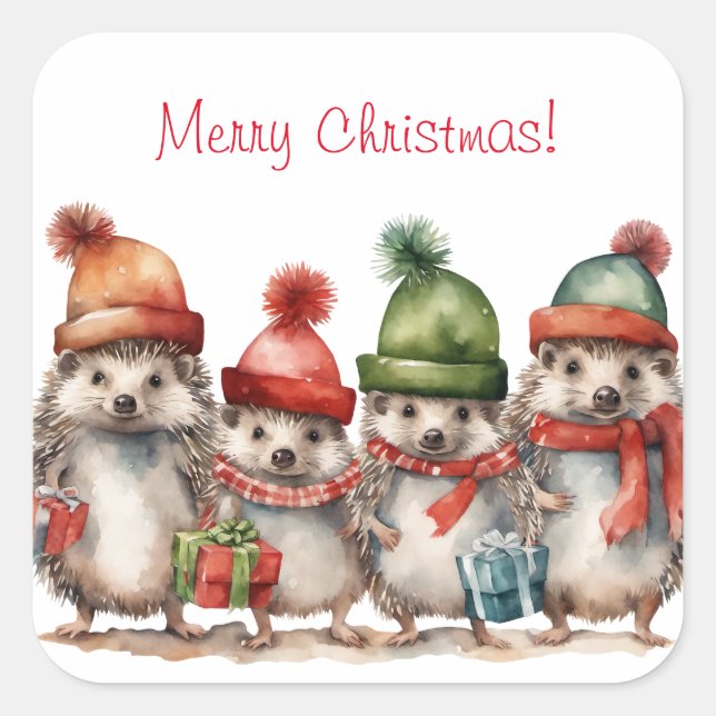 Merry Christmas Hedgehog Square Sticker (Front)