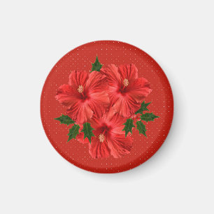Merry Christmas Hibiscus Holly Holiday Red & Green Magnet