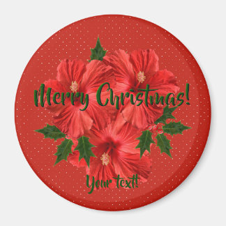 Merry Christmas Hibiscus Holly Holiday Red & Green Magnet