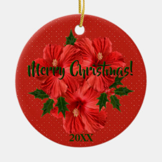 Merry Christmas Hibiscus Holly Holiday Round Ceramic Tree Decoration