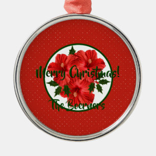 Merry Christmas Hibiscus Holly Holiday Round Metal Tree Decoration