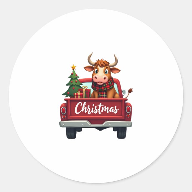 Merry Christmas Highland Cow Christmas Tree Red Tr Classic Round Sticker (Front)