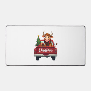 Merry Christmas Highland Cow Christmas Tree Red Tr Desk Mat