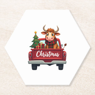 Merry Christmas Highland Cow Christmas Tree Red Tr Paper Coaster
