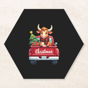 Merry Christmas Highland Cow Christmas Tree Red Tr Paper Coaster
