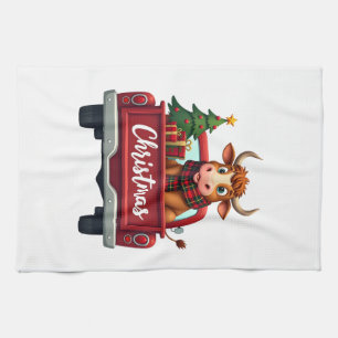 Merry Christmas Highland Cow Christmas Tree Red Tr Tea Towel