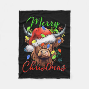 Merry Christmas Highland Cow Western Santa Hat Xma Fleece Blanket