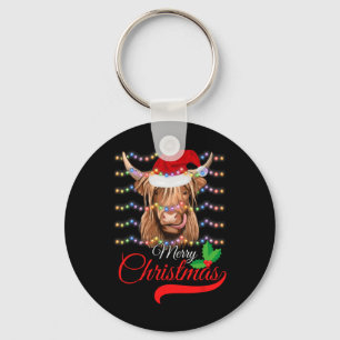 Merry Christmas Highland Cow Western Santa Hat Xma Key Ring