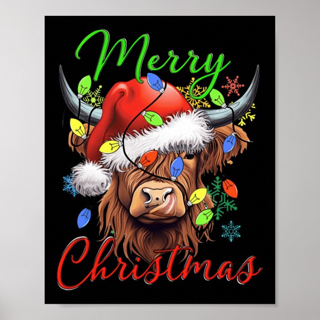 Merry Christmas Highland Cow Western Santa Hat Xma Poster (Front)