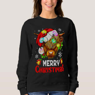 Merry Christmas Highland Cow Western Santa Hat Xma Sweatshirt