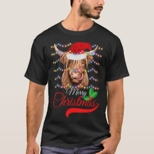 Merry Christmas Highland Cow Western Santa Hat Xma T-Shirt