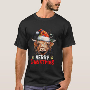 Merry Christmas Highland Cow Western Santa Hat Xma T-Shirt