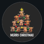 Merry Christmas Highland Cow Western Xmas Tree Paj Classic Round Sticker<br><div class="desc">Merry Christmas Highland Cow Western Xmas Tree Pajama</div>