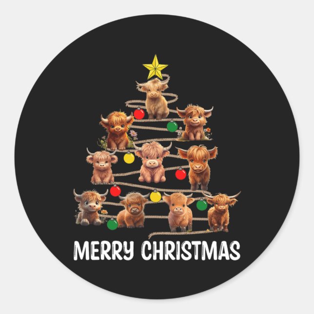 Merry Christmas Highland Cow Western Xmas Tree Paj Classic Round Sticker (Front)