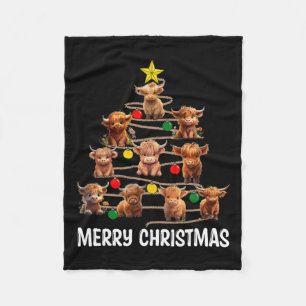 Merry Christmas Highland Cow Western Xmas Tree Paj Fleece Blanket