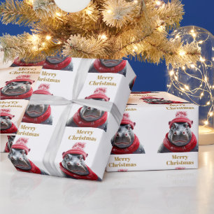 Merry Christmas Hippo beanie and scarf Wrapping Paper