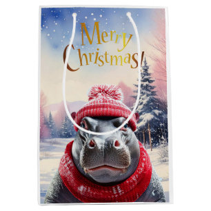 Merry Christmas Hippo Santa hat and scarf Medium Gift Bag