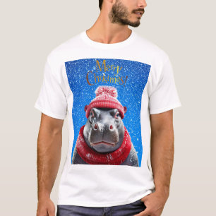 Merry Christmas Hippo Santa hat and scarf T-Shirt