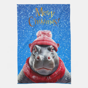 Merry Christmas Hippo Santa hat and scarf Tea Towel