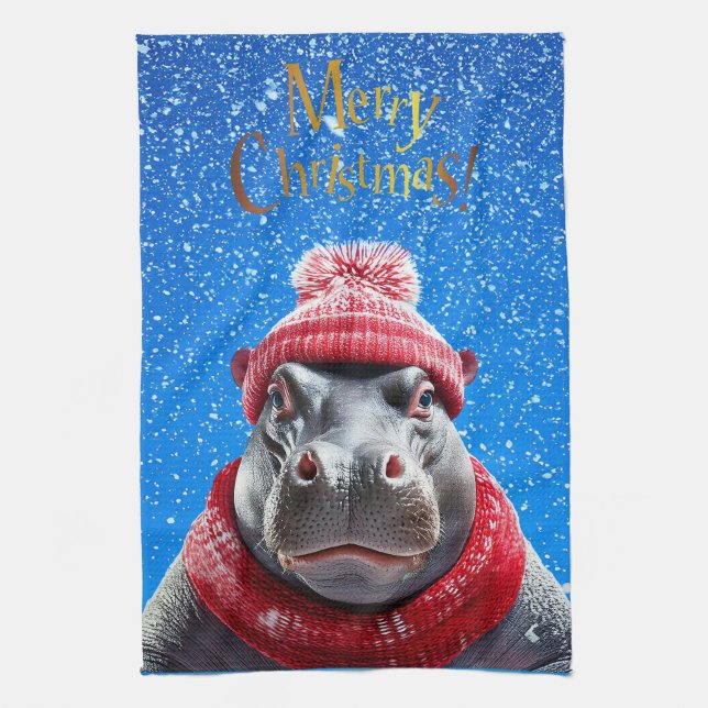 Merry Christmas Hippo Santa hat and scarf Tea Towel (Vertical)