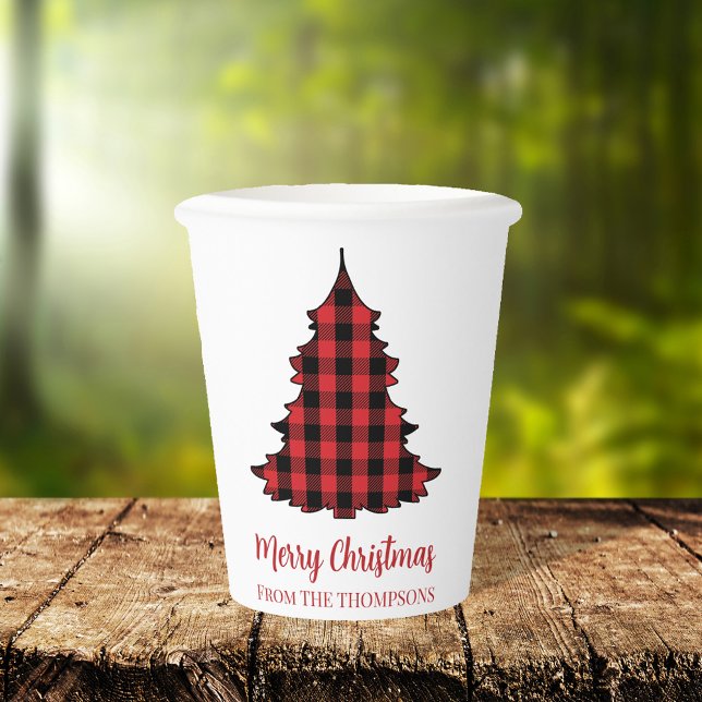 Merry Christmas Holiday Buffalo Check Pattern Paper Cups (Merry Christmas buffalo check pattern paper cup with Christmas tree cutout)