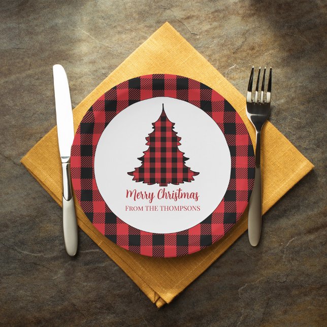 Merry Christmas Holiday Buffalo Check Pattern Paper Plate (Simple rustic red and black buffalo check pattern Christmas paper plate. )